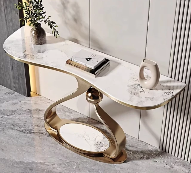 Alt view image 6 of 7 - Sintered Entryway Console Table with Sculptural Metal Base Subtle Veining, White, Metal and Sintered Stone