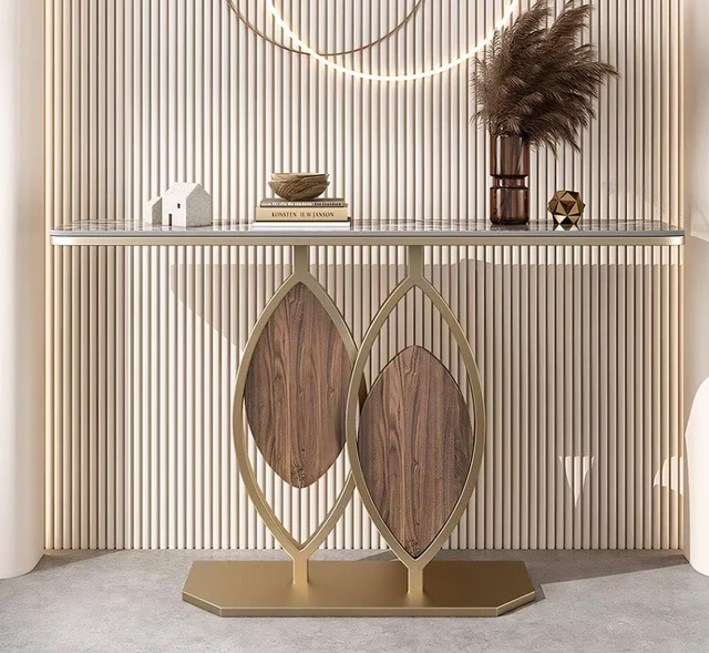 Main image of Sintered Entryway Console Table with Gold Metal Artistic Base, Grey, Metal and Sintered Stone