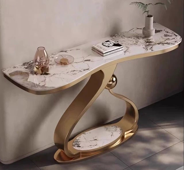 Alt view image 7 of 7 - Sintered Entryway Console Table with Sculptural Metal Base Subtle Veining, White, Metal and Sintered Stone