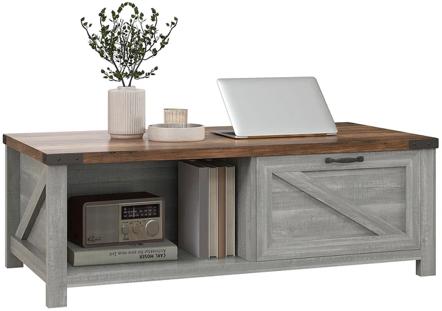 Main image of Coffee Table with Storage and Drawer, Coffee Table for Living Open Shelf Distressed, Gray, Particle Board