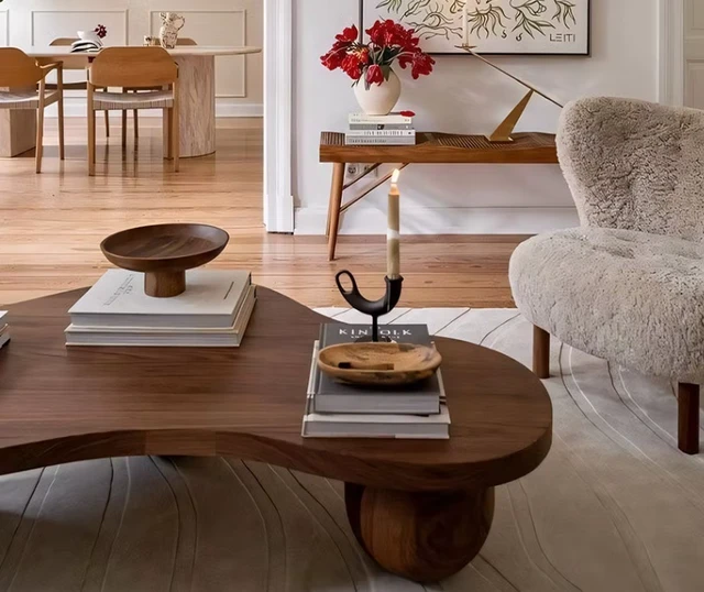 Alt view image 3 of 5 - Organic Wooden Coffee Table with Sculptural Legs Accent Table for Living, Walnut, Plywood