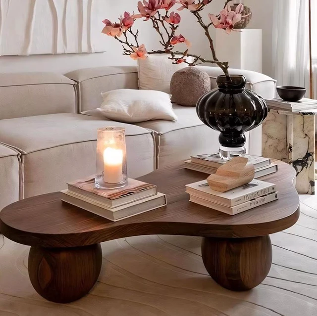 Main image of Organic Wooden Coffee Table with Sculptural Legs Accent Table for Living, Walnut, Plywood