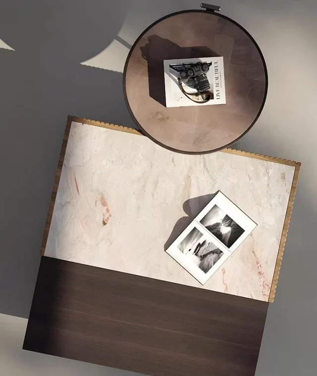 Alt view image 3 of 5 - Coffee Table Set Nested Design Living Accent Tables, Walnut, Plywood and Sintered Stone