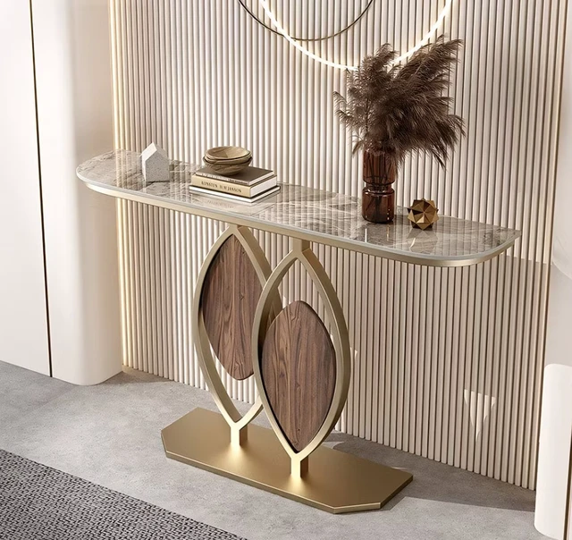 Alt view image 4 of 4 - Sintered Entryway Console Table with Gold Metal Artistic Base, Grey, Metal and Sintered Stone
