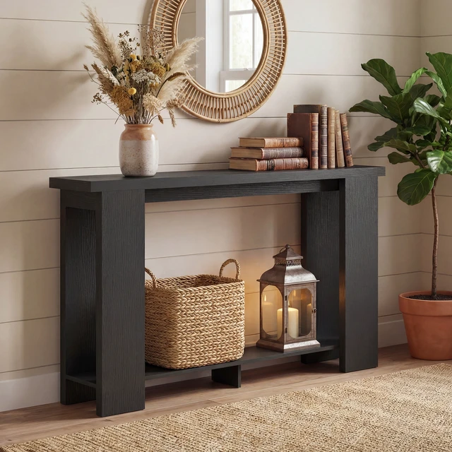 Alt view image 2 of 7 - Wooden Entryway Table, Long Narrow Console Table with Storage Shelf Tabletop Behind the Couch Easy Assembly Inchx