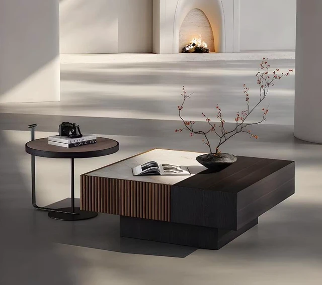 Alt view image 5 of 5 - Coffee Table Set Nested Design Living Accent Tables, Walnut, Plywood and Sintered Stone