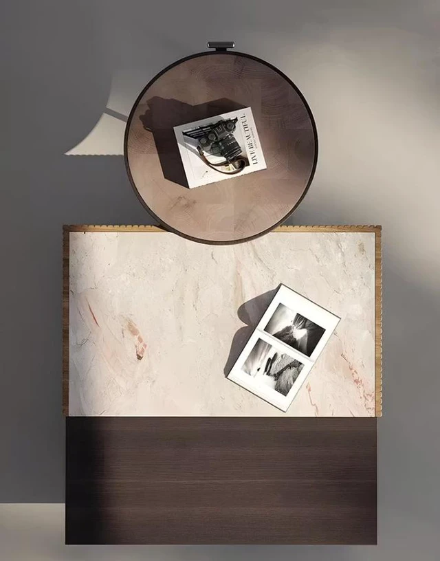 Alt view image 4 of 5 - Coffee Table Set Nested Design Living Accent Tables, Walnut, Plywood and Sintered Stone
