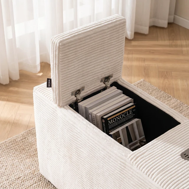 Alt view image 5 of 7 - Chenille Fabric Storage Ottoman Side Table with Bluetooth Speaker, Functional End Table with Hidden Storage Space
