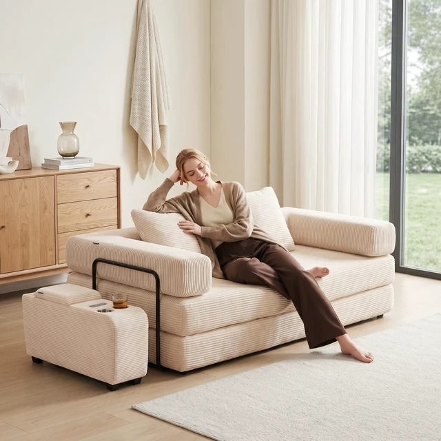 Alt view image 6 of 7 - Chenille Fabric Storage Ottoman Side Table with Bluetooth Speaker, Functional End Table with Hidden Storage Space