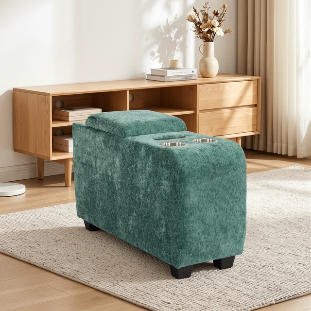 Alt view image 2 of 7 - Chenille Fabric Storage Ottoman Side Table with Bluetooth Speaker, Functional End Table with Hidden Storage Space