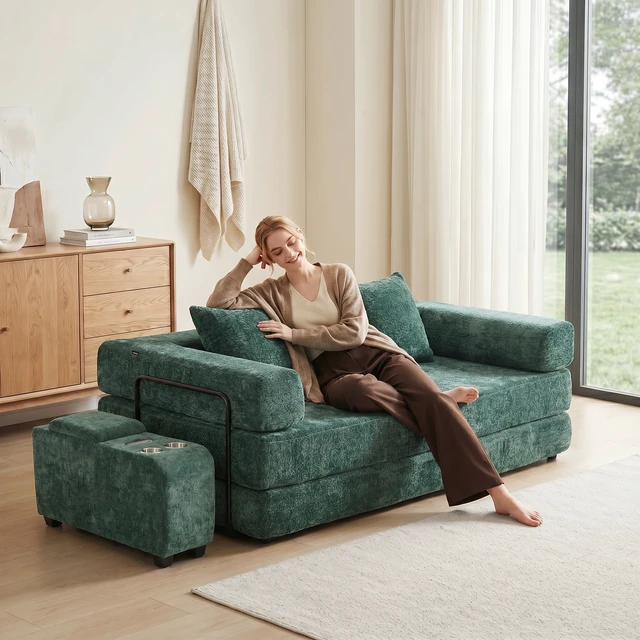 Alt view image 7 of 7 - Chenille Fabric Storage Ottoman Side Table with Bluetooth Speaker, Functional End Table with Hidden Storage Space