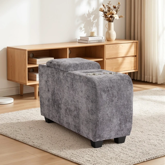 Alt view image 4 of 7 - Corduroy Storage Ottoman Side Table with Bluetooth Speaker, Functional End Table with Hidden Storage Space Saving