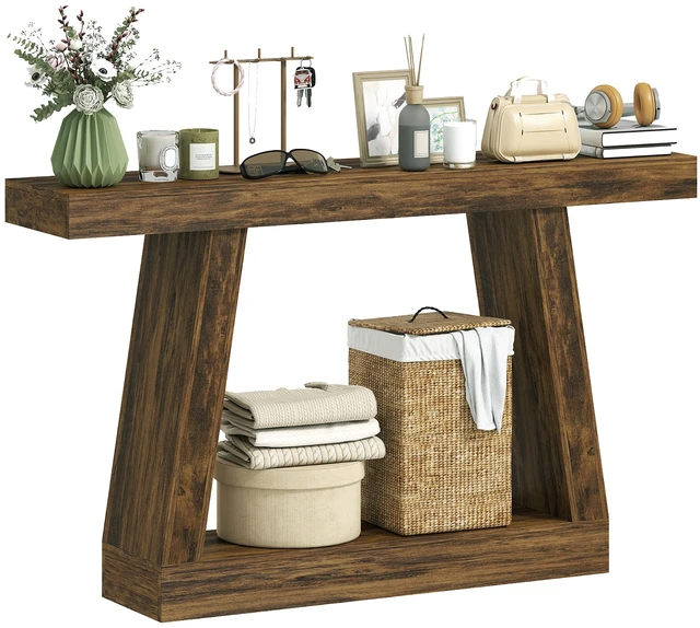 Main image of 55.1 Inch Narrow Entryway Table, 2 Tier Console Table with Thickened Tabletop Storage Shelf and Trapezoidal Base