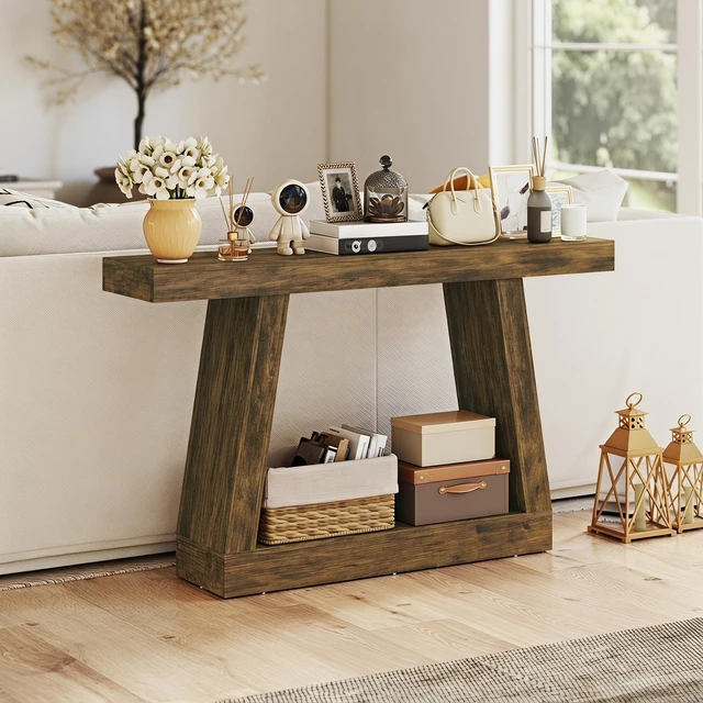 Alt view image 2 of 7 - 55.1 Inch Narrow Entryway Table, 2 Tier Console Table with Thickened Tabletop Storage Shelf and Trapezoidal Base