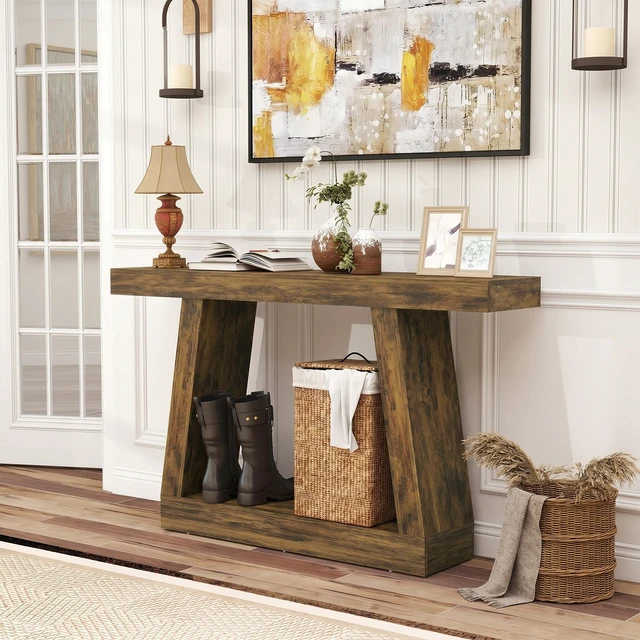 Alt view image 4 of 7 - 55.1 Inch Narrow Entryway Table, 2 Tier Console Table with Thickened Tabletop Storage Shelf and Trapezoidal Base