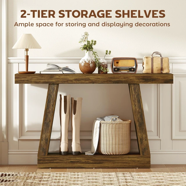 Alt view image 5 of 7 - 55.1 Inch Narrow Entryway Table, 2 Tier Console Table with Thickened Tabletop Storage Shelf and Trapezoidal Base