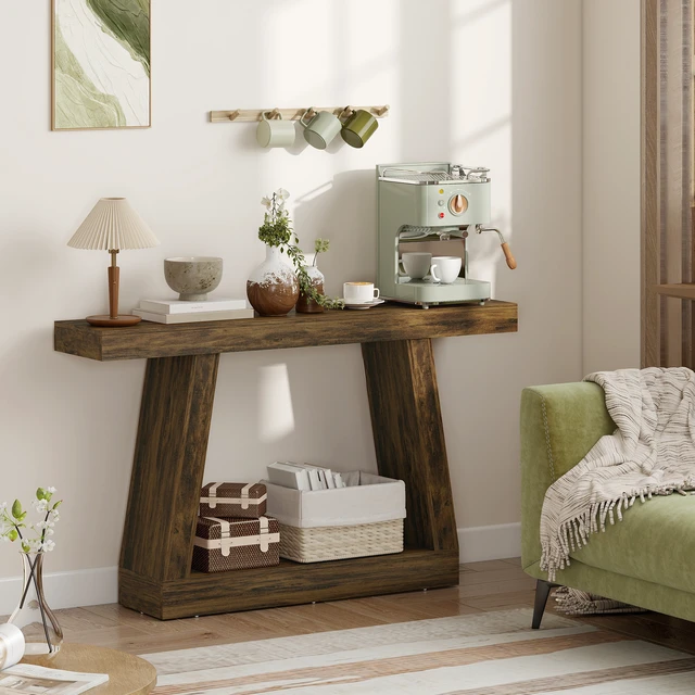 Alt view image 3 of 7 - 55.1 Inch Narrow Entryway Table, 2 Tier Console Table with Thickened Tabletop Storage Shelf and Trapezoidal Base