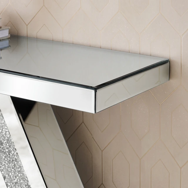 Alt view image 3 of 6 - Mirrored Console Table with Hexagonal Base, Mirrored Entryway Table Accent Narrow for Living 35.4 Inch 11.8 Inch