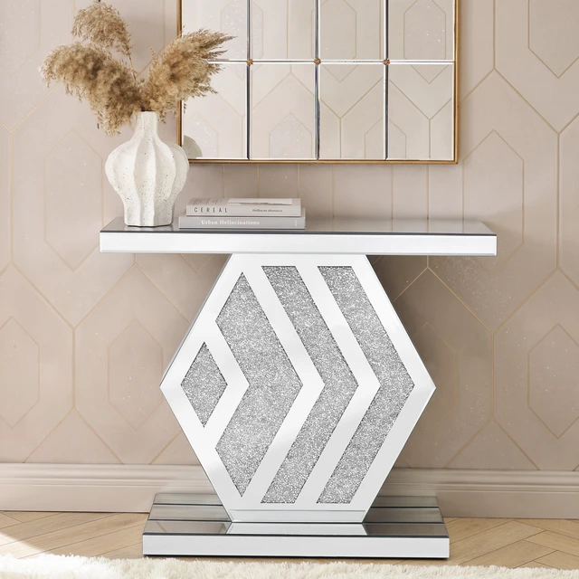 Main image of Mirrored Console Table with Hexagonal Base, Mirrored Entryway Table Accent Narrow for Living 35.4 Inch 11.8 Inch