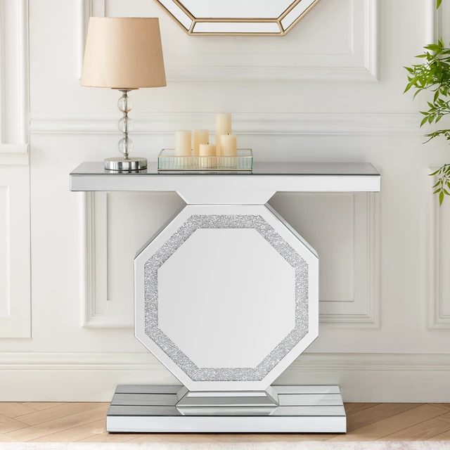 Alt view image 2 of 7 - Mirrored Console Table with Octagonal Base, Mirrored Entryway Table Accent Narrow for Living 35.4 Inch 11.8 Inch
