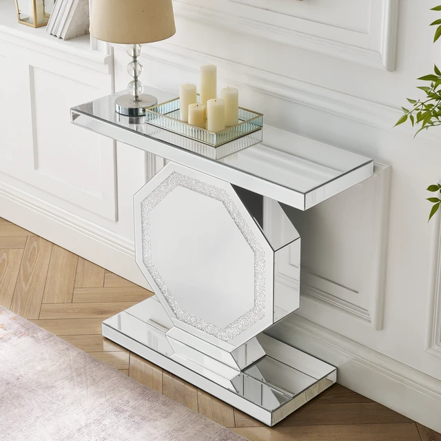 Alt view image 3 of 7 - Mirrored Console Table with Octagonal Base, Mirrored Entryway Table Accent Narrow for Living 35.4 Inch 11.8 Inch