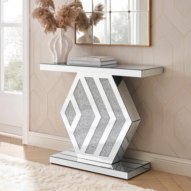 Alt view image 2 of 6 - Mirrored Console Table with Hexagonal Base, Mirrored Entryway Table Accent Narrow for Living 35.4 Inch 11.8 Inch