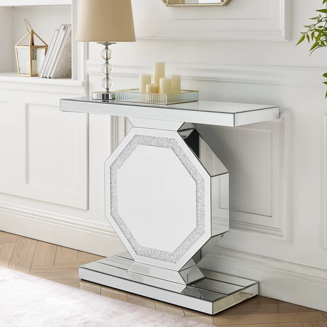 Main image of Mirrored Console Table with Octagonal Base, Mirrored Entryway Table Accent Narrow for Living 35.4 Inch 11.8 Inch