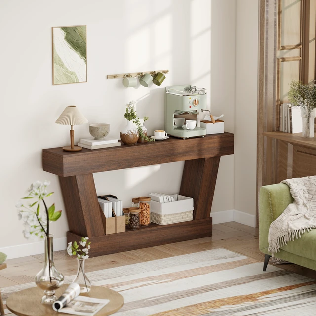 Alt view image 2 of 7 - 63 Inch Entryway Table, Narrow Console Tables for Entryway Sofa Behind Couch with Open Shelf for Living, Brown