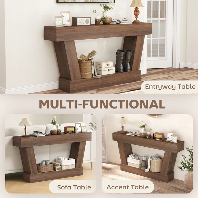 Alt view image 3 of 7 - 63 Inch Entryway Table, Narrow Console Tables for Entryway Sofa Behind Couch with Open Shelf for Living, Brown