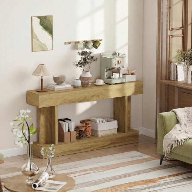Alt view image 2 of 7 - 63 Inch Entryway Table, Narrow Console Tables for Entryway Sofa Behind Couch with Storage Shelf for Living, Oak