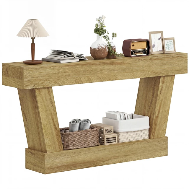 Main image of 63 Inch Entryway Table, Narrow Console Tables for Entryway Sofa Behind Couch with Open Shelf for Living, Oak, Particle