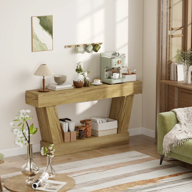 Alt view image 2 of 7 - 63 Inch Entryway Table, Narrow Console Tables for Entryway Sofa Behind Couch with Open Shelf for Living, Oak, Particle