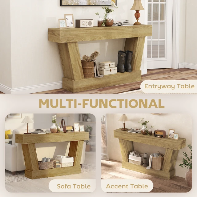 Alt view image 3 of 7 - 63 Inch Entryway Table, Narrow Console Tables for Entryway Sofa Behind Couch with Open Shelf for Living, Oak, Particle