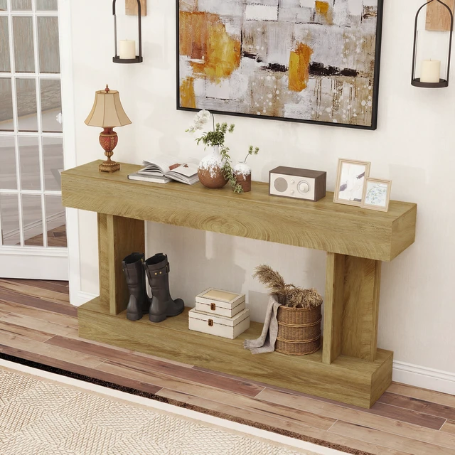 Alt view image 3 of 7 - 63 Inch Entryway Table, Narrow Console Tables for Entryway Sofa Behind Couch with Storage Shelf for Living, Oak