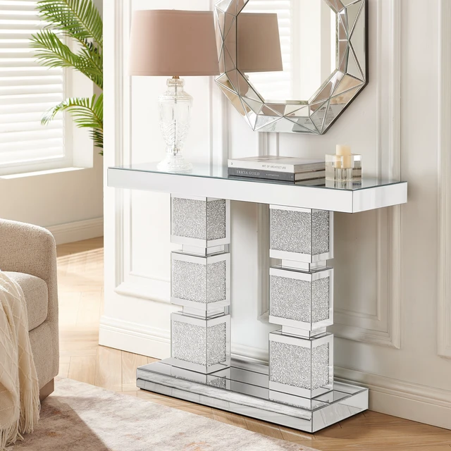 Alt view image 3 of 7 - Mirrored Console Table with Crushed Diamond Inlay, Mirrored Entryway Table Accent Narrow for Living 43.3 Inch 12.6