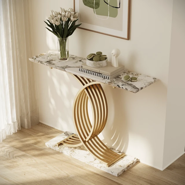 Alt view image 2 of 7 - Accent Table Console Table, Intertwined Metal Legs High End Entryway Furniture, Gold White, MDF and Iron