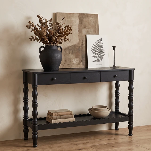 Alt view image 2 of 7 - 47.2 Inch Solid Console Table for Entryway, 2 Tier Wooden Sofa Table Behind Couch with Carved Wood Legs Entryway with 3