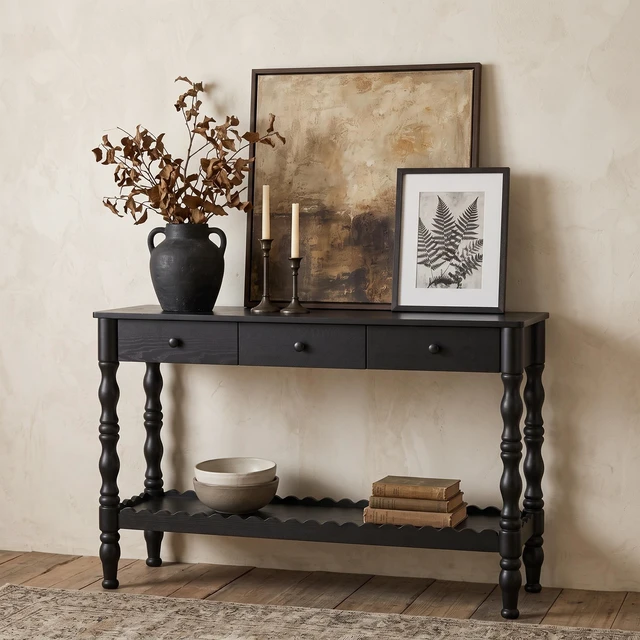 Main image of 47.2 Inch Solid Console Table for Entryway, 2 Tier Wooden Sofa Table Behind Couch with Carved Wood Legs Entryway with 3