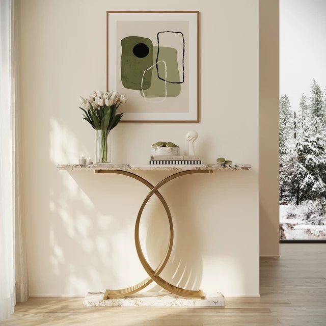 Alt view image 3 of 7 - Accent Table Console Table, Intertwined Metal Legs High End Entryway Furniture, Gold White, MDF and Iron