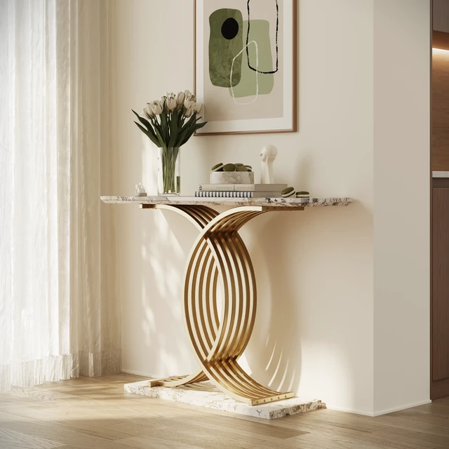 Alt view image 4 of 7 - Accent Table Console Table, Intertwined Metal Legs High End Entryway Furniture, Gold White, MDF and Iron