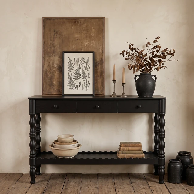 Alt view image 3 of 7 - 47.2 Inch Solid Console Table for Entryway, 2 Tier Wooden Sofa Table Behind Couch with Carved Wood Legs Entryway with 3