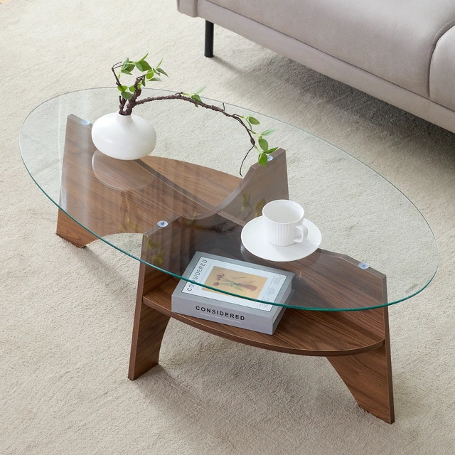 Alt view image 2 of 7 - Oval Tempered Glass Coffee Table Inchx23.6 Inch Functional Design Oval Tabletop Color Diagonal Fan Shaped Tray Design