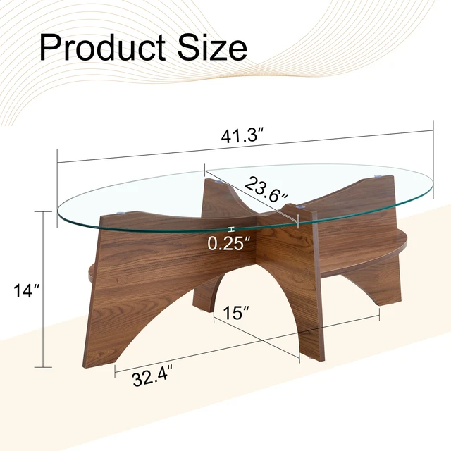 Alt view image 4 of 7 - Oval Tempered Glass Coffee Table Inchx23.6 Inch Functional Design Oval Tabletop Color Diagonal Fan Shaped Tray Design