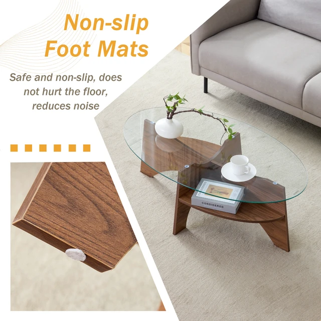 Alt view image 5 of 7 - Oval Tempered Glass Coffee Table Inchx23.6 Inch Functional Design Oval Tabletop Color Diagonal Fan Shaped Tray Design