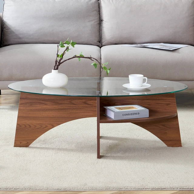 Alt view image 3 of 7 - Oval Tempered Glass Coffee Table Inchx23.6 Inch Functional Design Oval Tabletop Color Diagonal Fan Shaped Tray Design