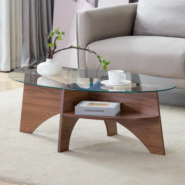 Main image of Oval Tempered Glass Coffee Table Inchx23.6 Inch Functional Design Oval Tabletop Color Diagonal Fan Shaped Tray Design