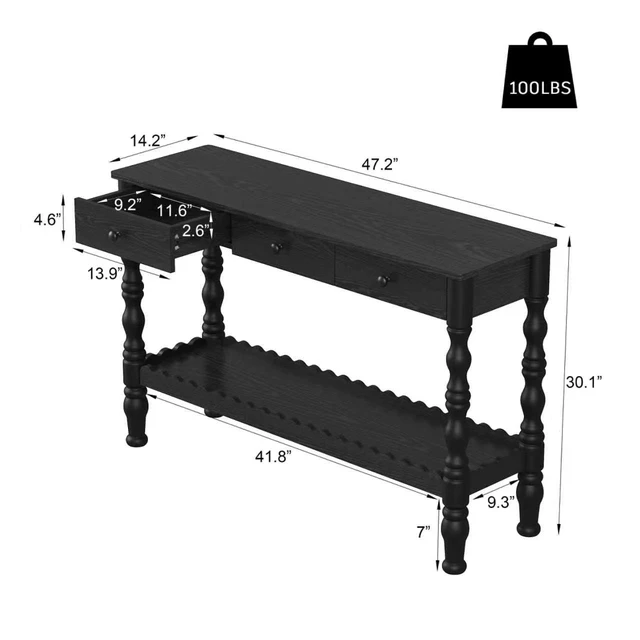 Alt view image 6 of 7 - 47.2 Inch Solid Console Table for Entryway, 2 Tier Wooden Sofa Table Behind Couch with Carved Wood Legs Entryway with 3