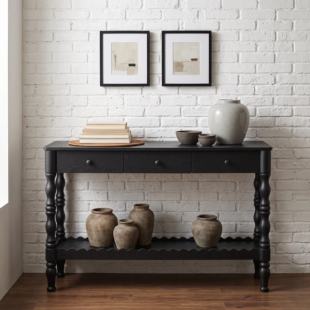 Alt view image 5 of 7 - 47.2 Inch Solid Console Table for Entryway, 2 Tier Wooden Sofa Table Behind Couch with Carved Wood Legs Entryway with 3