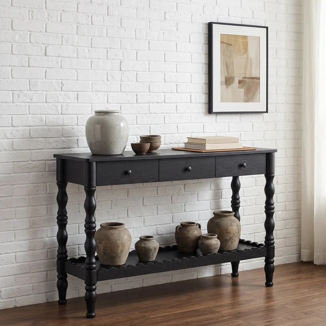 Alt view image 4 of 7 - 47.2 Inch Solid Console Table for Entryway, 2 Tier Wooden Sofa Table Behind Couch with Carved Wood Legs Entryway with 3