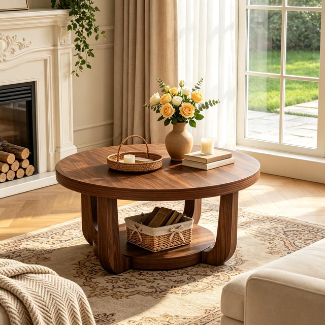 Main image of Round Coffee Table, Coffee Table with Storage Small Accent Tier Circle Center for Living Color, Walnut, MDF